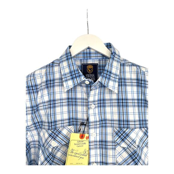 SWISS CROSS Men L Blue Plaid Cotton Blend Button Up‎ Long Sleeve Shirt NWT - Picture 4 of 7